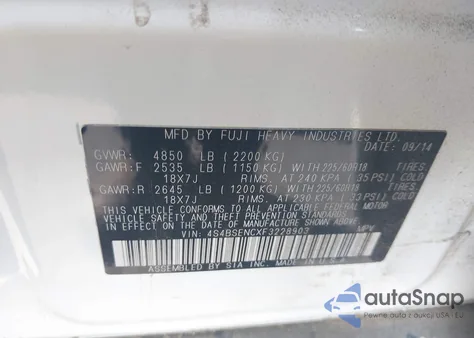 2015 Subaru Outback 3.6R Limited z USA, uszkodzony, nr VIN 4S4BSENCXF3228903